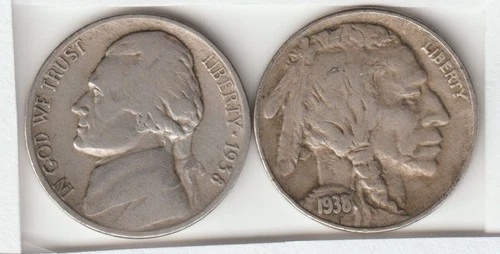 Rare Old 1938 Indian Head Buffalo & Jefferson Nickel US Coin Collection Lot #M70