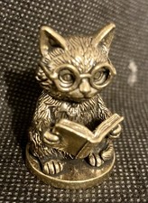 Cute Kitten Reading a Book 1 1/2" Handcrafted Brass Figurine