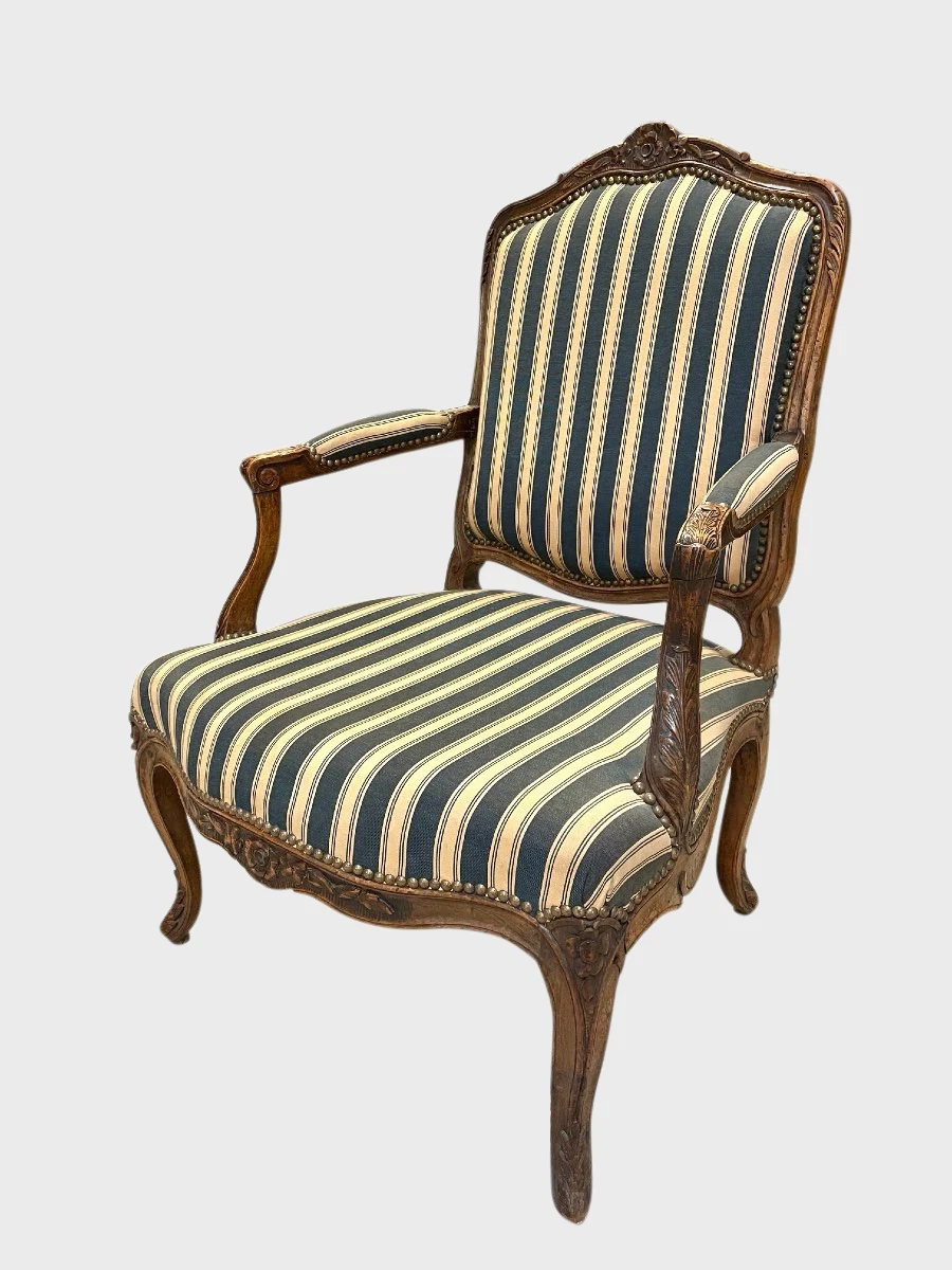 Fauteuil Style Louis XV – Velours De Coton Marron, état Correct