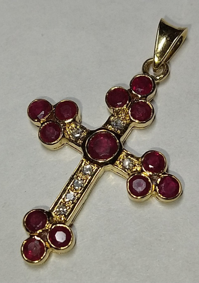Solid 18k gold natural ruby diamond cross pendant… - image 2