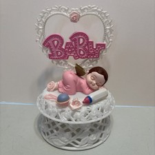 New Handmade Baby Shower Cake Topper table decor, girl Pink Lace White Plastic