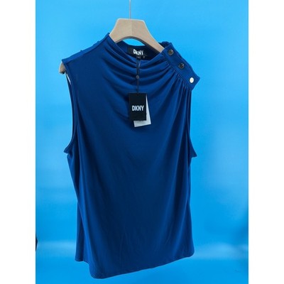 DKNY Womens Royal Blue Draped Neck Sleeveless Blouse Gold Button Accent NWT XL