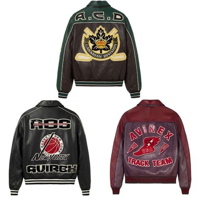 Men's Avirex USA Style Bomber Genuine Lambskin Leather Embroidery Varsity Jacket