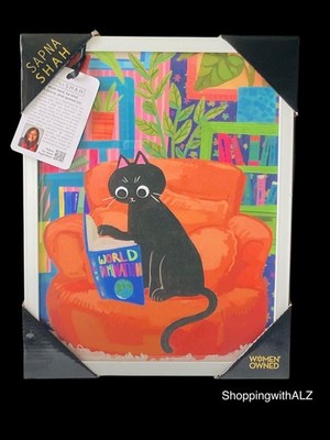 NEW Sapna Shah Cat Planning World Domination Wall Art Decor 11 X 14 Books