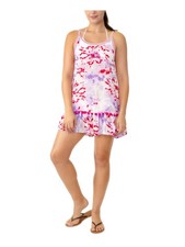 MIKEN Women's Purple Pom-Pom Accents Scoop Neckline Ruffled Swimsuit Cover Up XS