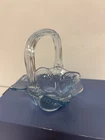 Fenton Blue Pressed Glass Basket w Handle Scalloped Rim Vintage
