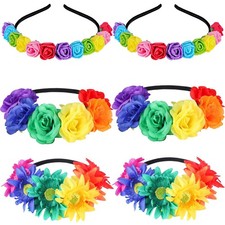 6 Pcs Boho Floral Crown Stretch Rose Flower Headband Girls Rainbow Headband S...