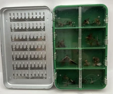 VTG Perrine #100 Aluminum Fly Fishing Box 70 Clips 8 Compartments 4x6" w/  Lures