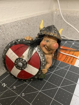 Nordic Viking Troll Figurine 5  Resin w/ Hair Horned Helmet Danish Flag Shield