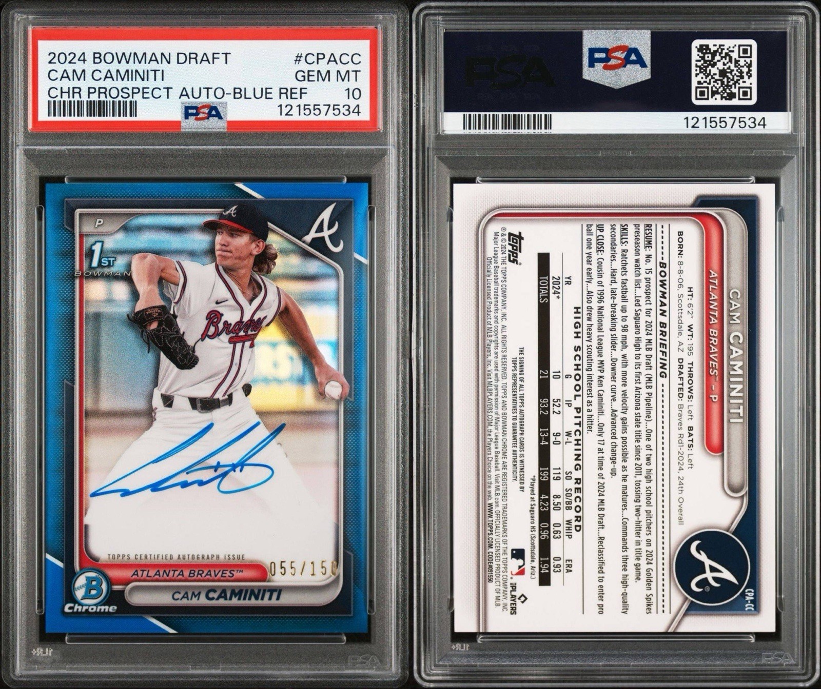 2024 Cam Caminiti Bowman Chrome 1st True Blue Ref Auto 55/150 Gem Mint PSA-10