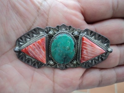 Vintage D Reeves Sterling Silver Native American Turquoise & Coral Brooch 25.5 g