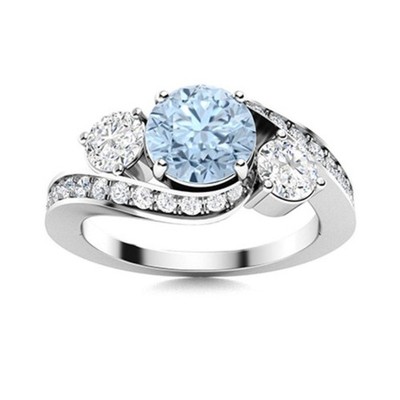 Round Aquamarine Gemstone Womens day Three-Stone New Ring Sterling Silver