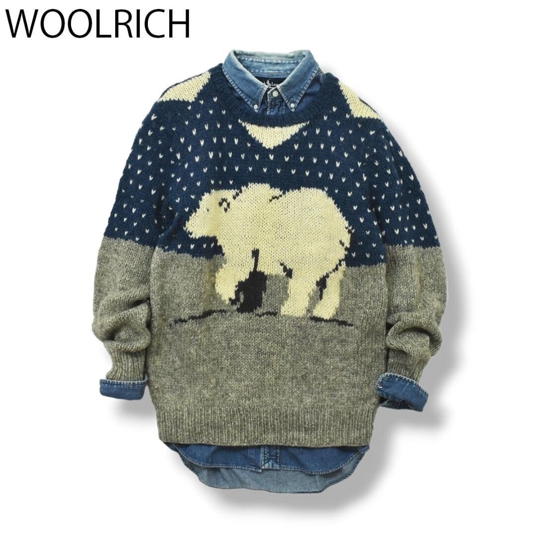 Used 80s Woolrich Bear Sweater, Size L, Gray, Nordic Knit, Vintage 