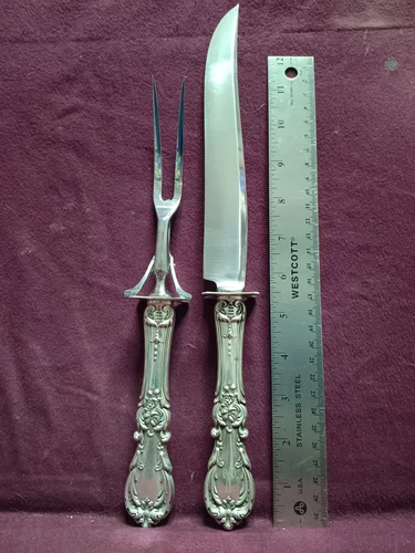 2pc Sterling Reed &Barton BURGUNDY ROAST KNIFE 13 1/2" FORK 11 1/4" monogram  M