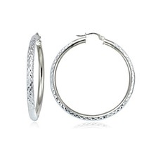 Sterling Silver 3mm Diamond Cut Round Hoop Earrings, 30mm