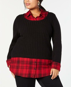 Style & Co Womens Ladies Red Black Plaid Layered-Look Long Sleeve Sweater 3X | eBay