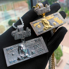 Catena ciondolo 5AAA+ CZ Hip Hop Ice Out TIME IS MONEY DOLLAR 14k placcato oro vero