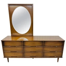 Mid-Century Modern 9-Drawer Walnut Dresser with Mirror