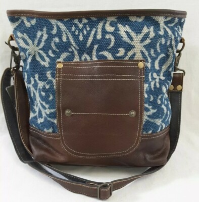 Myra Bag Blue Bliss Shoulder Bag Leather Canvas Handbag Purse 