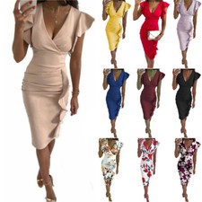 Women's Floral V Neck Wrap Dress Ladies Evening Party Cocktail Bodycon Dresses~⇗