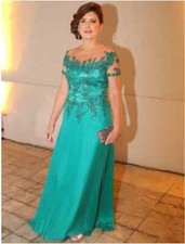 Long Mother Of The Bride Dresses for Wedding Short Sleeves Green Applique Women