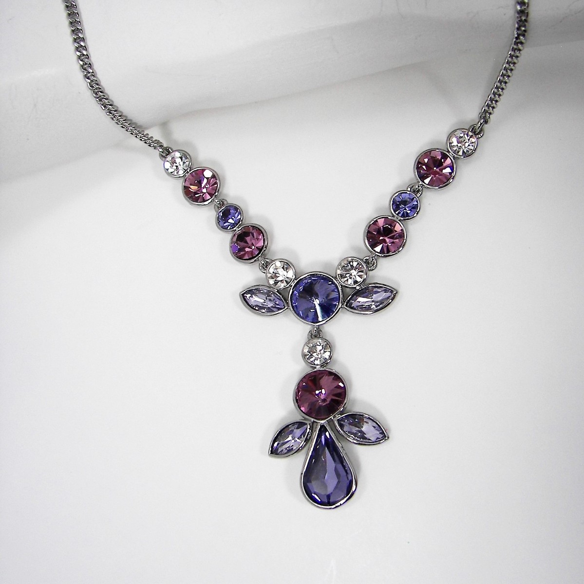 Givenchy Purple & Pink Crystal Y Necklace Silver Tone Metal