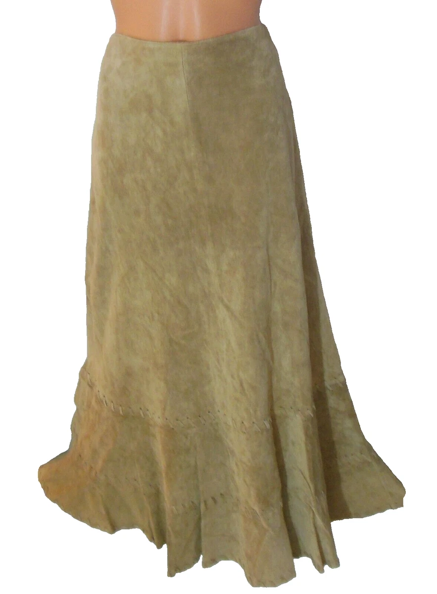 Beige Suede Leather A Line Mini Skirt