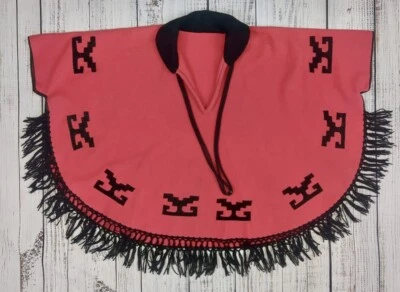 Vtg Native American Aztec Southwestern Chimayo Shawl Poncho Red Black Fringe O/S - Photo 1/4