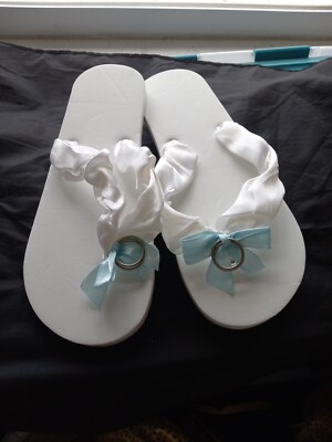 JUST MARRIED BRIDE Flip-Flop Sandals White Silky Fabric Blue