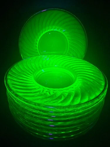 Uranium Glass Antique Set of 9 Green Swirl Plates 6 1/8" Gold Trim Depression