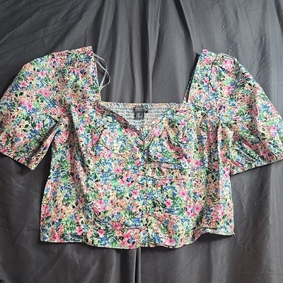 Primark Floral Print Cropped Flutter Sleeve Smocked Blouse Sz 14