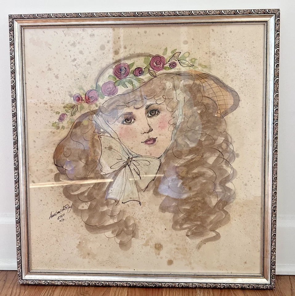 Оригинальная акварель Anna Sandhu Ray 1984 23x23,75 дюйма в рамке - Изображение 3 из 4