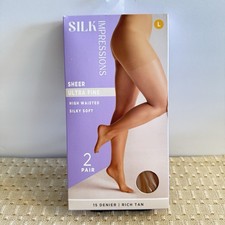 Silk Impressions Pantyhose 2 Pack Large RICH TAN 15 Denier Ultra Fine Sheer NEW