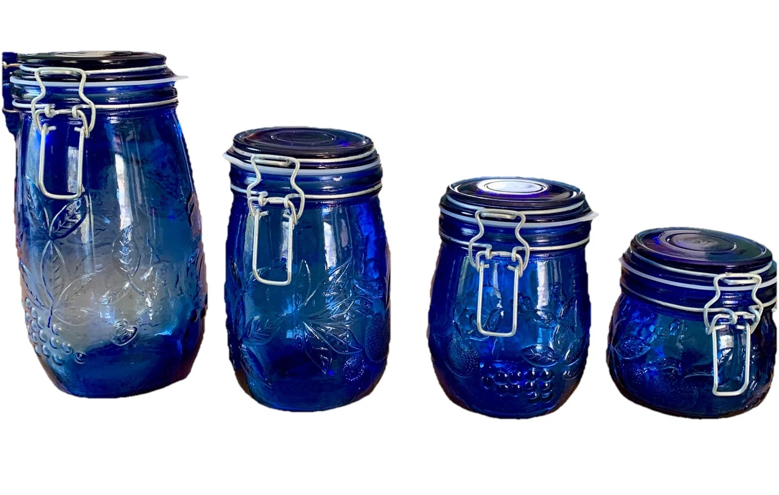 4 Glass Storage Containers Cobalt Blue Fruit Leaf Design New Rubber Gaskets EUC