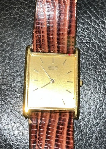 Vintage Seiko Watch Men 20mm Gold Tone Tank 7N00-5B29 Calf Skin Band New Battery