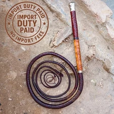 Wooden Handle Brandy Stock Whip - 3ft to 14ft in Kangaroo/ Cowhide/ Goat Leather