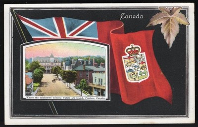 Canada PRESTON Ontario Postcard 1910s Street View Patriotic Flag Maple Leaf