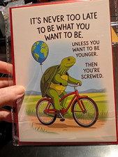 Birthday Humour Folded Greeting Card Turtle on Bicycle "It's Never Too Late"