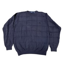 IZOD Navy Grid Knit Sweater Mens Large 100 Cotton Crewneck