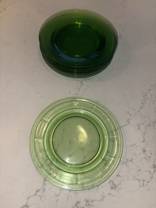 Heisey Green Round Glass Plates 8.25”Diameter For All 8 Plates