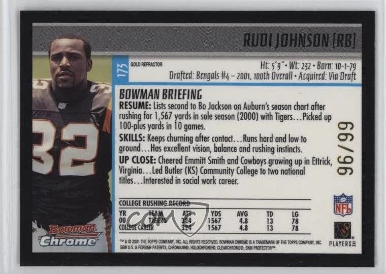 2001 Bowman Chrome Gold Refractor /99 Rudi Johnson #173 Rookie RC - Image 2 of 2