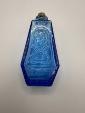 VTG 1970&rsquo;s Wheaton Blue Glass Poison Bottle Coffin Shape Skull&Cross Bones RIP