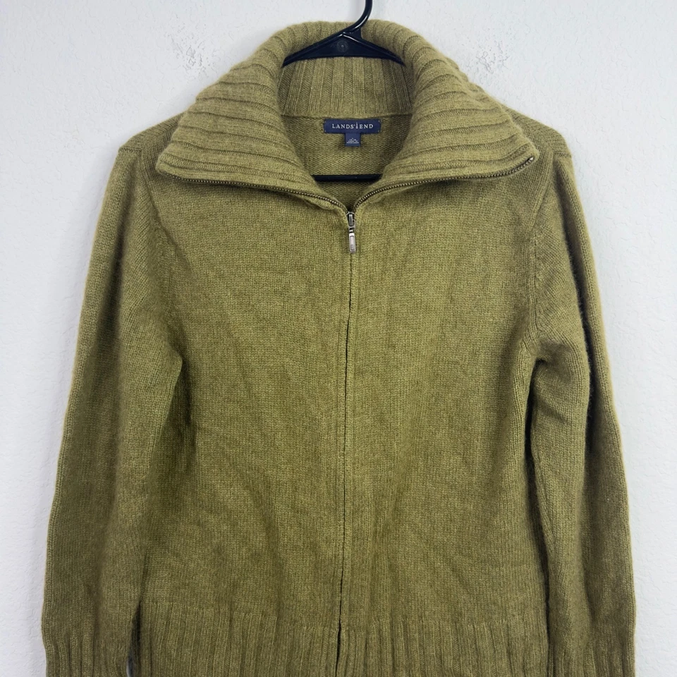Lands' End Cardigan Womens L Green Wool Cashmere Angora Zip Luxury Minimalist - Image 3 of 4