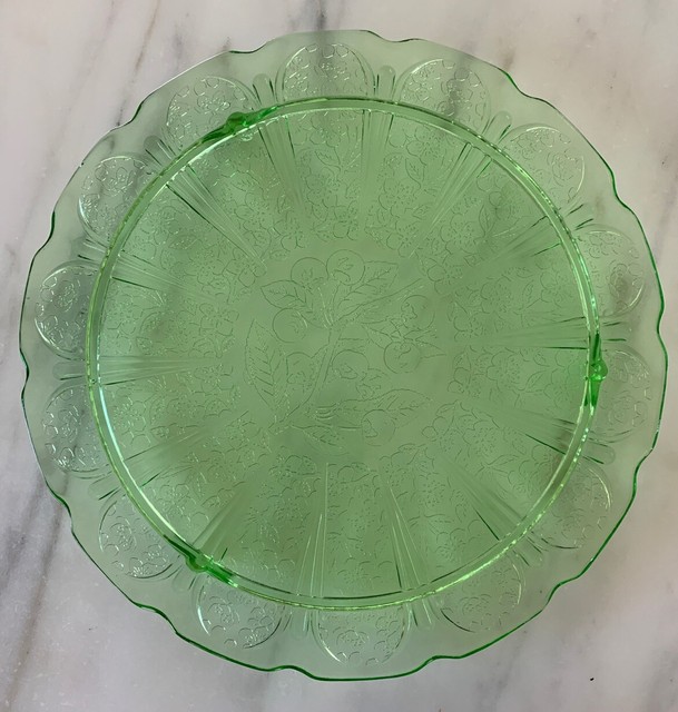 Vintage Green Vaseline Depression Glass 10" Footed Cake Plate eBay