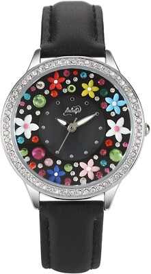 Didofa 242893 Womens Bedazzled Design Quartz Wrist Watch Floral Silver/Black