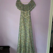 Camela of California S Maxi Dress 70s Ball Gown Blue Ditsy Floral Ruffle Boho