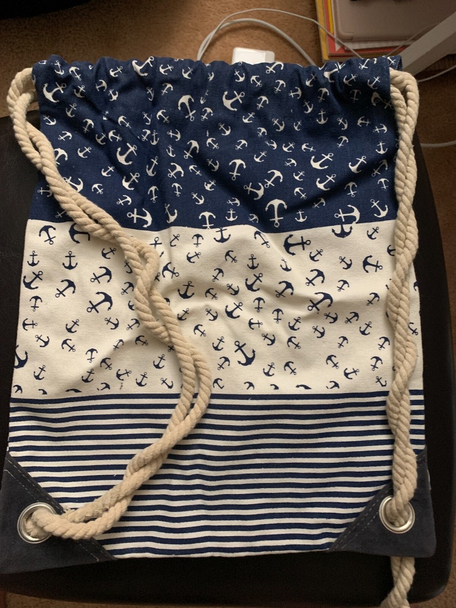 Von Lamezan Blue and White Cotton Drawstring Backpack Gym Bag Von Lamezan Blue and White Cotton Drawstring Backpack Gym Bag