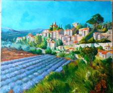 LES LAVANDES VILLAGE DE BONNIEUX ART TABLEAU PEINTURE PARIS JUMEAUX JEAN PIERRE