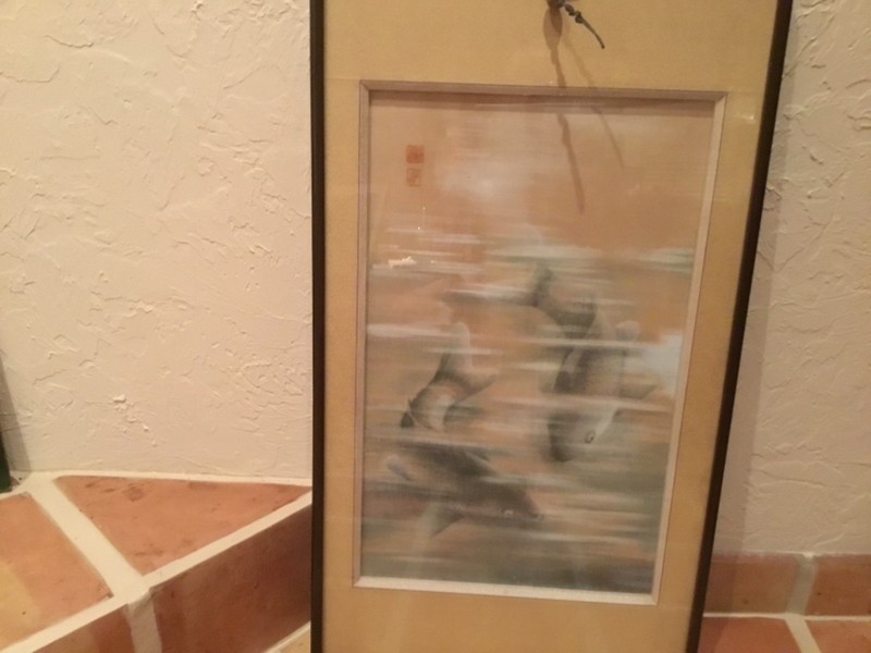 Antique Japanese Meiji period painting of Koi carp seal signature frame 37x20.5”