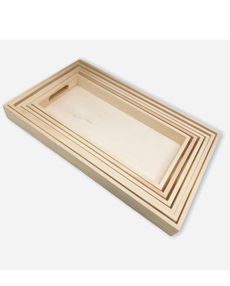 Wooden Nested Serving Trays - Set of 6 Unfinished Rectangle Trays with Handles - Image 3 of 4